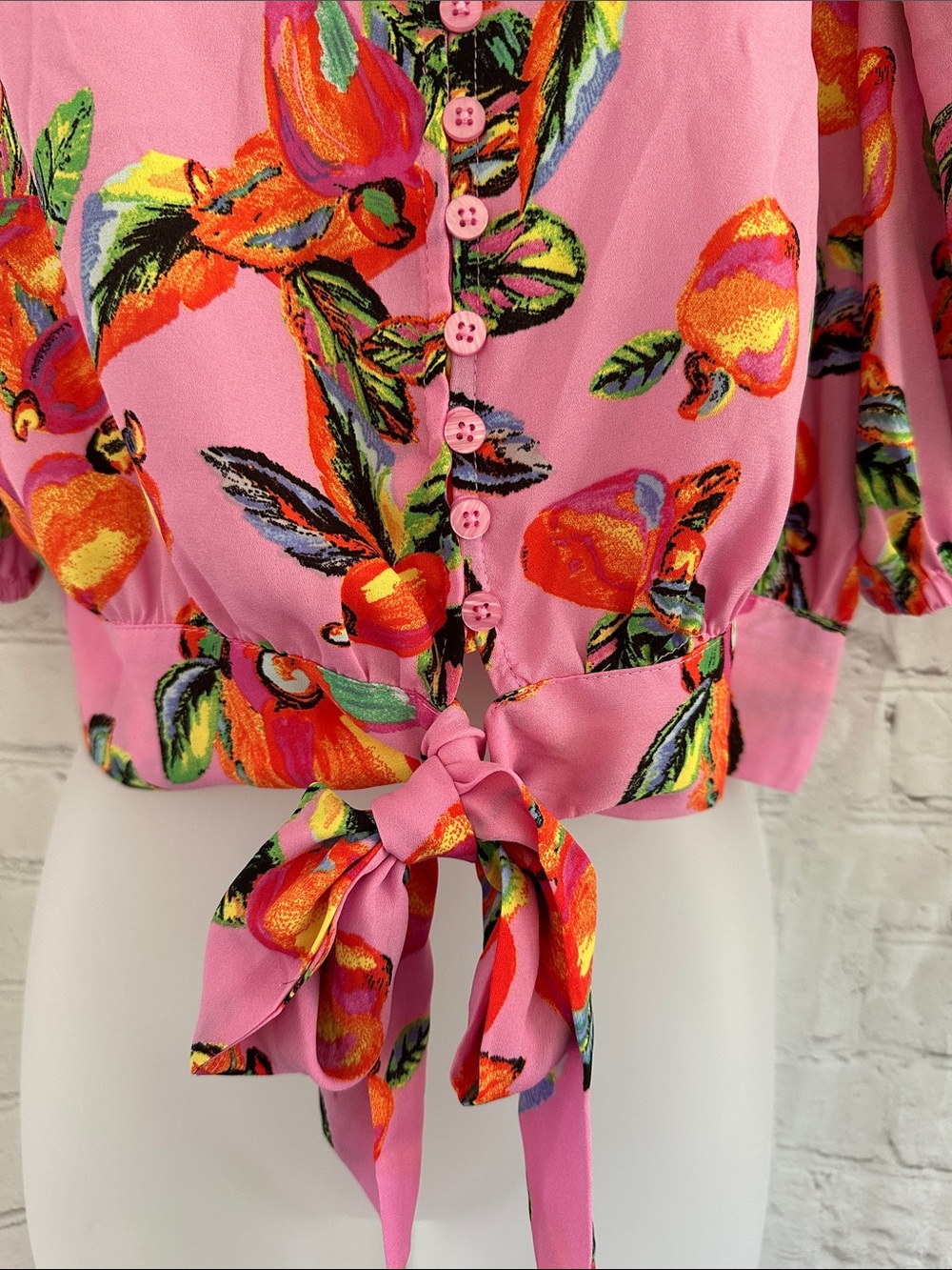 Joie NWT Bright Pink Tie-Front Button Down Fruit Print Crop Top size S - Picture 3 of 9